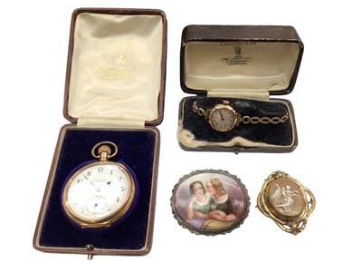 Lot 1034 - Gold plated pocket watch dated 1926, 9ct gold cased wristwatch on plated bracelet and two Victorian brooches (4)