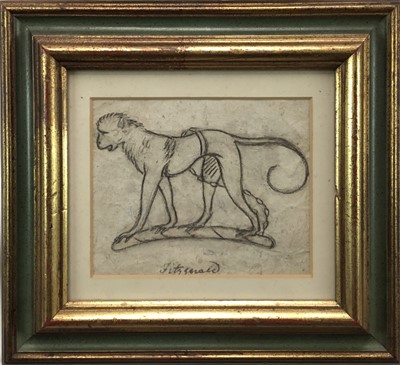 Lot 45 - Pen and ink drawing of a monkey, inscribed 'Fitzgerald', the back inscribed 'Ex-Fitzgerald, 18th century armorial crest', framed and glazed
