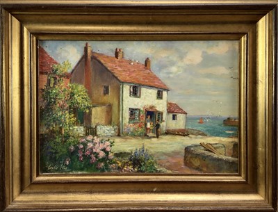 Lot 255 - Leslie Ellis, oil on board, A Coastal Cottage with figures, signed, 26cm x 39cm, framed