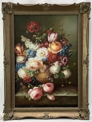 Lot 241 - Manner of Emilio Greco, oil on panel Summer Blooms in a Vase