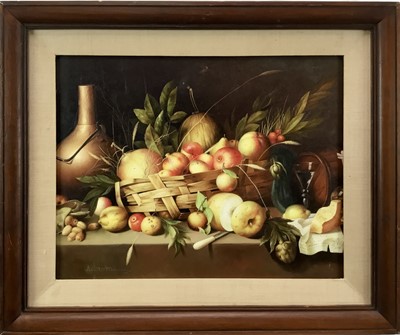 Lot 242 - Artemis, oil on panel, An Italianate style Still Life with fruit and wine jug, signed, 37 x 47cm, framed