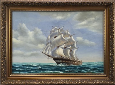 Lot 51 - Channing, oil on canvas, A Warship under full sail, 40cm x 60cm, in gilt frame