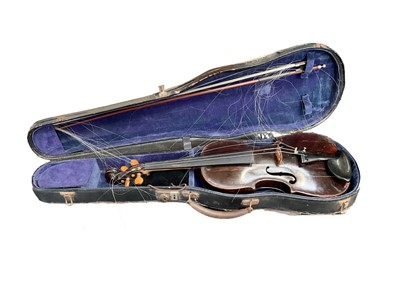 Lot 2200 - 19th century full size violin, with two piece back, cased with bow