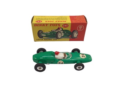 Lot 1810 - Corgi Aston Martin DB4 No. 218, Fiat No. 232, E Type Jaguar with detachable hard top No. 307, Lotus Racing Car No. 241. Ferrari Formula 1 No. 154 all boxed (5)