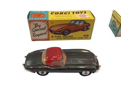 Lot 1810 - Corgi Aston Martin DB4 No. 218, Fiat No. 232, E Type Jaguar with detachable hard top No. 307, Lotus Racing Car No. 241. Ferrari Formula 1 No. 154 all boxed (5)