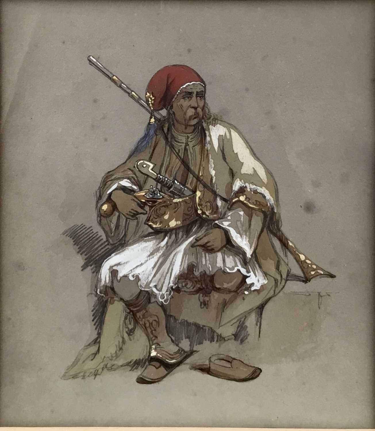 Lot 53 - Manner of David Roberts watercolour with gouache, A Desert Tribesman, 20cm x 18cm in glazed frame