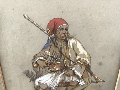 Lot 53 - Manner of David Roberts watercolour with gouache, A Desert Tribesman, 20cm x 18cm in glazed frame