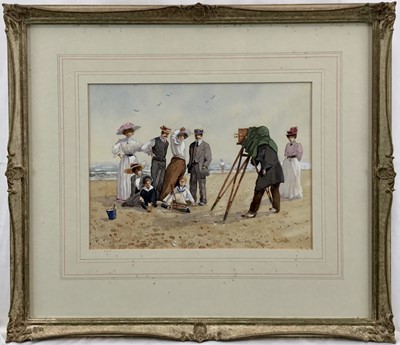 Lot 54 - Albert E Smith watercolour - Edwardian beach photographer and family, signed, 23cm x 31cm, in glazed frame