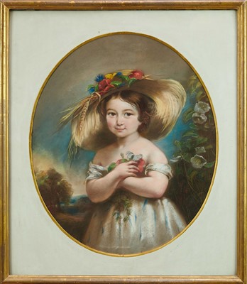 Lot 1328 - Robert Faulkner, 19th century oval pastel - Portrait of a young Girl wearing a harvest bonnet, signed and indistinctly dated, 53cm x 44cm, in glazed frame