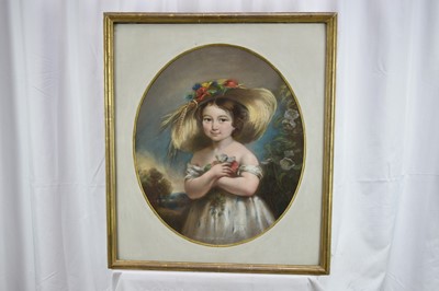 Lot 1328 - Robert Faulkner, 19th century oval pastel - Portrait of a young Girl wearing a harvest bonnet, signed and indistinctly dated, 53cm x 44cm, in glazed frame