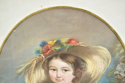 Lot 1328 - Robert Faulkner, 19th century oval pastel - Portrait of a young Girl wearing a harvest bonnet, signed and indistinctly dated, 53cm x 44cm, in glazed frame