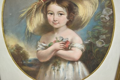 Lot 1328 - Robert Faulkner, 19th century oval pastel - Portrait of a young Girl wearing a harvest bonnet, signed and indistinctly dated, 53cm x 44cm, in glazed frame
