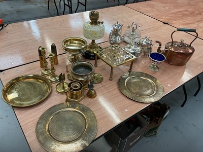 Lot 794 - Victorian end of day glass and brass oil lamp, together with other brassware and silver plated ware.