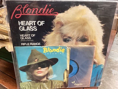Lot 697 - Box of vinyl records - LPs, 12 inch and 7 inch including Blondie, Toni Basil, Donna Summer, Sparks, Kylie Minogue, Abba and Tracey Ullman, includes colour vinyls