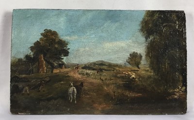 Lot 94 - Manner of Thomas Churchyard, oil on panel - Landscape with Horses, inscribed verso "Woodbridge Scene", 10.5cm x 17cm, unframed