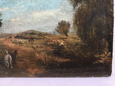 Lot 94 - Manner of Thomas Churchyard, oil on panel - Landscape with Horses, inscribed verso "Woodbridge Scene", 10.5cm x 17cm, unframed