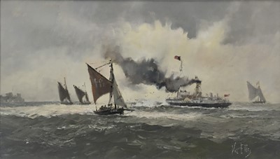 Lot 170 - Vic Ellis RSMA oil sketch on paper - Marine scene, signed, 34cm x 59cm, mounted in a glazed frame