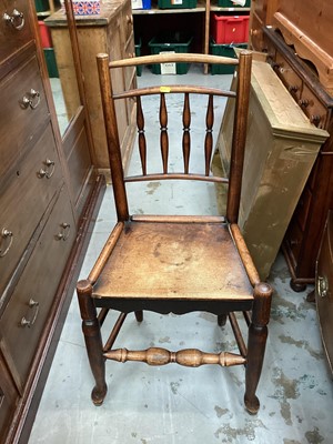 Lot 1226 - Pair of 19th century elm spindle back chairs with solid elm seats, together with a similar rush seated chair (3)