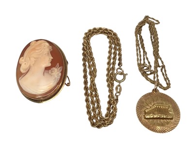 Lot 200 - Yellow metal (stamped 585) pendant, cameo brooch in 14ct gold mount and two 9ct gold chains