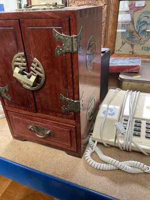 Lot 250 - Oriental jewellery cabinet, copper coins in tin, old camera and sundries including stamps