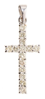 Lot 728 - Diamond cross pendant with fourteen round brilliant cut diamonds estimated to weigh approximately 0.80cts in total, in white gold setting.