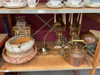 Lot 763 - Collection of brassware to include candlesticks, copper kettle, mantel clock and other items.