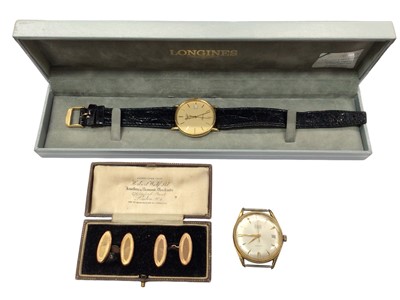 Lot 1048 - Longines Quartz 9ct gold cased wristwatch on leather strap in case, Avia Olympic watch and pair 9ct gold cufflinks