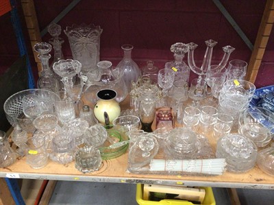 Lot 737 - Selection of various glassware including decanters, bowls, vase, drinking glasses etc - 1 shelf