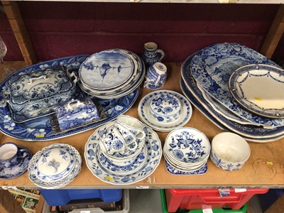 Lot 741 - Selection of 19th century blue and white ceramics including Piping Shepherd platter, drainer dish, Meissen etc - 1 shelf