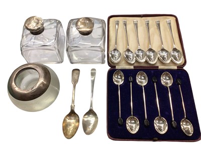 Lot 1099 - Set of six silver bean end coffee spoons in fitted case, one other set of six silver teaspoons, pair of silver topped glass scent bottles, silver mounted vesta globe and two other silver spoons