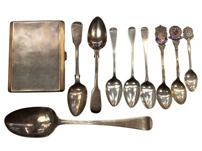 Lot 1086 - Silver cigarette case, Georgian silver tablespoon and other silver flatware