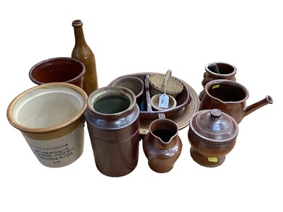 Lot 295 - Group of 19th century and later Staffordshire salt glazed pottery including bottles, jars, jugs, dishes etc