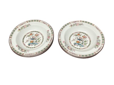 Lot 1152 - Group of Wedgwood Kutani Crane tea and dinner ware, including 8 dinner plates, 6 dessert bowls, three graduated serving plates, coffee pot, 6 bowls, milk jug, 6 small plates, sugar bowl, gravy boat...