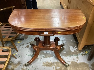 Lot 1265 - Regency mahogany tea table with fold-over revolving top, curved frieze on turned column with plateau, on four splayed legs terminating on brass capped castors