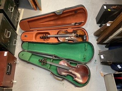 Lot 601 - Two old 3/4 size violins, one stamped ' old bull' one with bow, both with cases