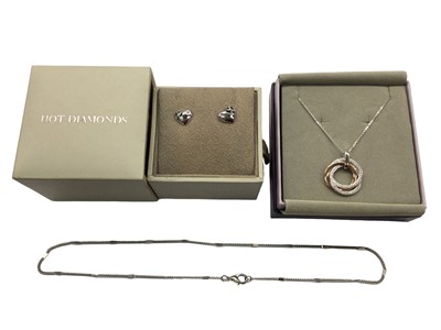 Lot 77 - Pair of silver ‘Hot Diamonds’ diamond set heart stud earrings in box, silver pendant necklace and one other chain