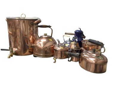 Lot 90 - Large vintage copper water urn with brass tap, and various antique and vintage metalware