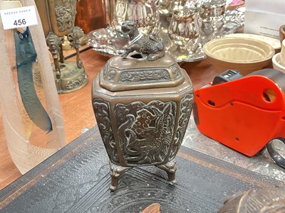 Lot 458 - Japanese bronze vase and cover, with dragon finial and incised stylised decoration, 15.5cm high