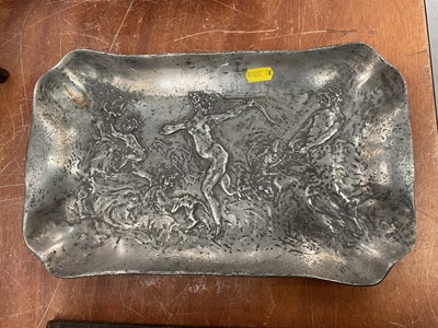 Lot 460 - Continental art nouveau pewter tray, decorated in relief with dancing figures, signed 35cm