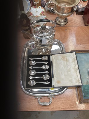 Lot 626 - Edwardian silver plated spirit kettle on stand together with a large silver plated two-handled tray and a set of silver plated fruit spoons in fitted case