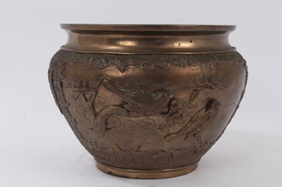 Lot 991 - Japanese bronze patinated bowl, decorated with birds and flowers in relief, 17.5cm high