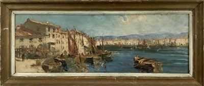 Lot 4 - 20th century oil on board, view of Martigues, South of France, indistincly signed lower right, 92x31cm