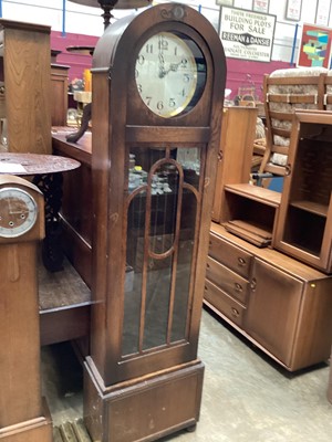 Lot 1347 - Art Deco 1930s longcase clock with chiming movement with three weights and pendulum in oak case (woodworm to the case)