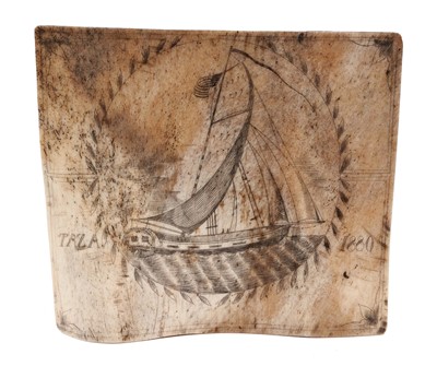 Lot 985 - 19th century scrimshaw whale bone decorated with the image of an American ship, inscribed 'Taza 1880' 14.5 x 13cm