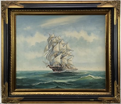 Lot 8 - Ambrose (Contemporary): oil on canvas, maritime scene of a galleon in rough seas, 59.5x49cm
