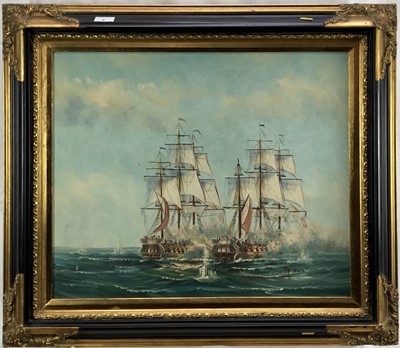 Lot 9 - Oil on canvas, maritime scene of two ships at battle, indisctinctly signed, 60x49cm