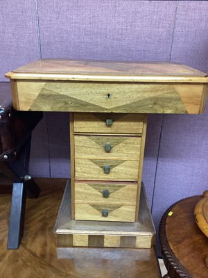 Lot 1310 - Art Deco parquetry inlaid work table with fitted interior enclosed by hinged top on a pedestal of drawers