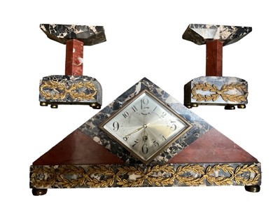 Lot 285 - Art Deco clock garniture in marble case