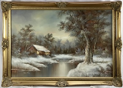 Lot 13 - Irene Cafieri: oil on canvas, winter woodland scene with cottage in foreground, signed lower right, 90x60cm