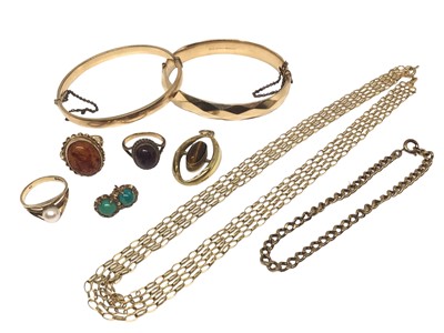 Lot 220 - Two 9ct gold gem set rings, yellow metal ring, 9ct gold tigers eye pendant, pair of 9ct gold green stone earrings, 9ct gold curb link bracelet, 9ct gold chain link necklace